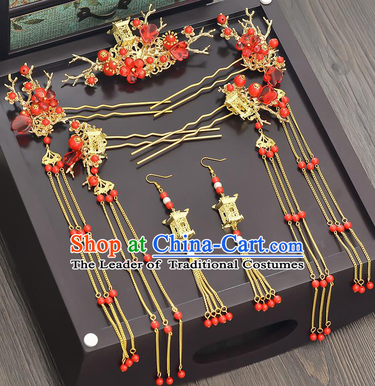 Traditional Handmade Chinese Ancient Classical Hair Accessories Xiuhe Suit Red Beads Tassel Hairpin Step Shake Phoenix Coronet Complete Set, Hair Sticks Hair Jewellery Hair Fascinators for Women