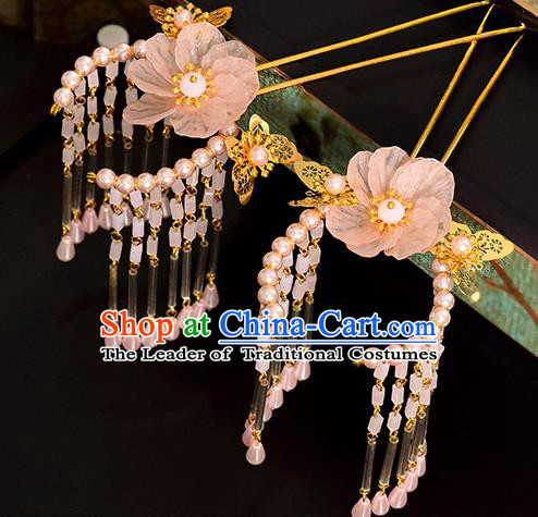 Traditional Handmade Chinese Ancient Classical Hair Accessories Barrettes Hanfu Hairpin Pink Flower Tassel Step Shake, Bride Hair Fascinators Hairpins for Women