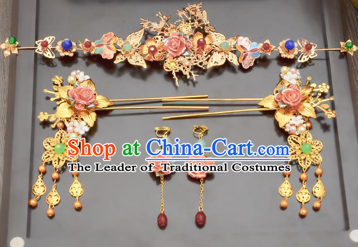 Traditional Handmade Chinese Ancient Classical Hair Accessories Xiuhe Suit Pink Flowers Tassel Hairpin Phoenix Coronet Complete Set, Step Shake Hair Sticks Hair Jewellery Hair Fascinators for Women