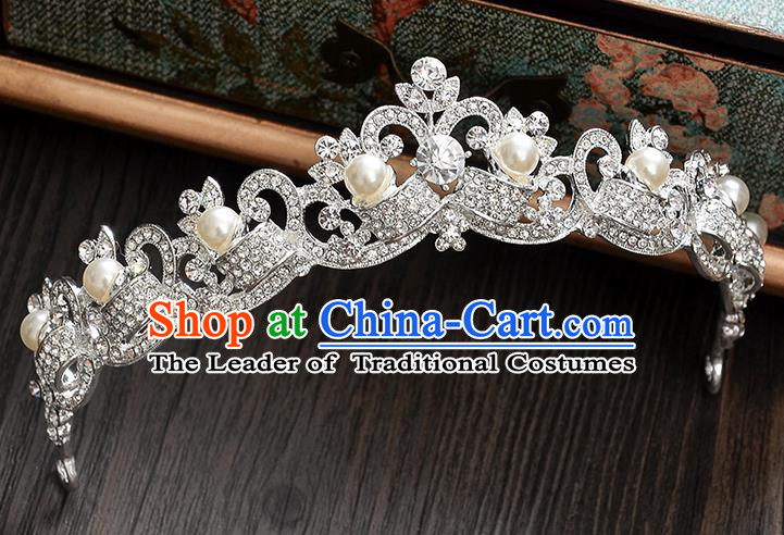 Top Grade Handmade Chinese Classical Hair Accessories Baroque Style CZ Diamond Pearls Wedding Royal Crown, Bride Princess Hair Jewellery Hair Clasp for Women