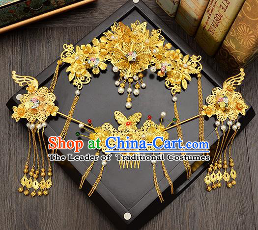 Traditional Handmade Chinese Ancient Wedding Hair Accessories Xiuhe Suit Golden Pearls Tassel Step Shake Phoenix Coronet Complete Set, Bride Hair Sticks Hair Jewellery for Women