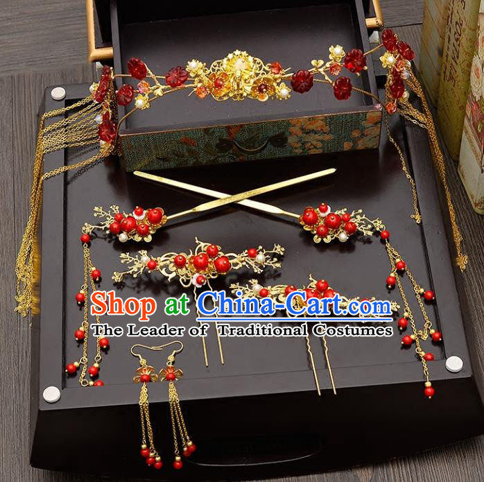 Traditional Handmade Chinese Ancient Classical Hair Accessories Xiuhe Suit Tassel Hairpin Phoenix Coronet Complete Set, Step Shake Hair Sticks Hair Jewellery for Women