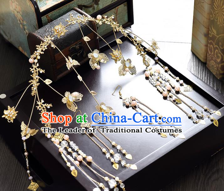 Traditional Handmade Chinese Ancient Classical Hair Accessories Xiuhe Suit Butterfly Tassel Hairpin Opal Phoenix Coronet Complete Set, Step Shake Hair Sticks Hair Jewellery for Women