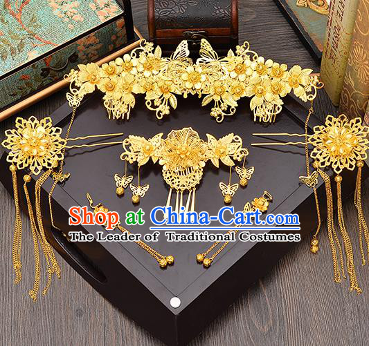 Traditional Handmade Chinese Ancient Wedding Hair Accessories Xiuhe Suit Pink Shell Tassel Frontlet Phoenix Coronet Complete Set, Bride Hair Sticks Hair Jewellery for Women