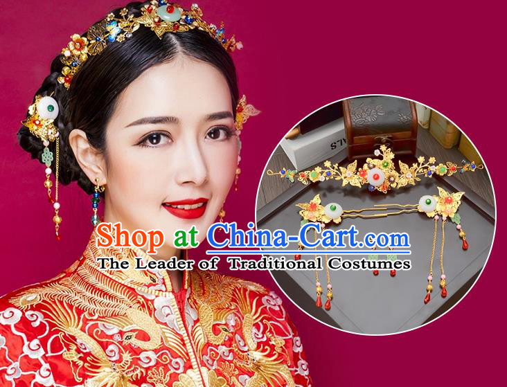 Traditional Handmade Chinese Ancient Wedding Hair Accessories Xiuhe Suit Green Jade Tassel Phoenix Coronet Complete Set, Bride Hair Sticks Hair Jewellery for Women