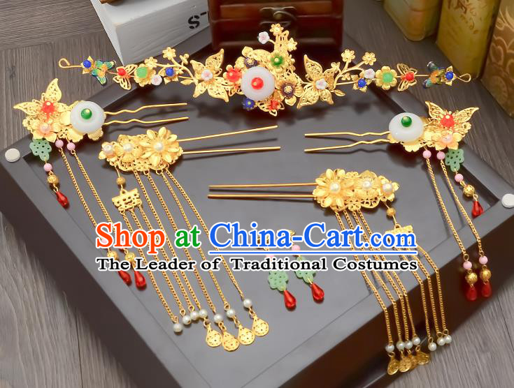 Traditional Handmade Chinese Ancient Wedding Hair Accessories Xiuhe Suit White Jade Tassel Phoenix Coronet Complete Set, Bride Hair Sticks Hair Jewellery for Women