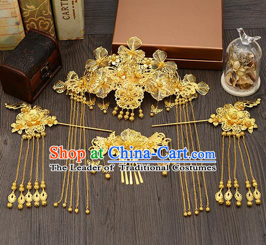 Traditional Handmade Chinese Ancient Wedding Hair Accessories Xiuhe Suit Golden Butterfly Tassel Step Shake Phoenix Coronet Complete Set, Bride Hair Sticks Hair Jewellery for Women