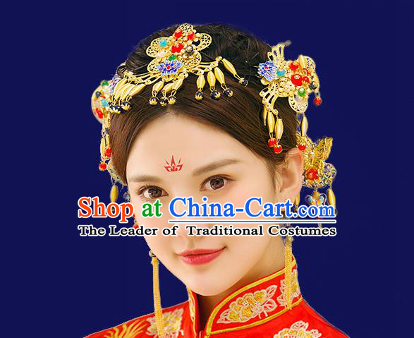 Traditional Handmade Chinese Ancient Wedding Hair Accessories Xiuhe Suit Cloisonn Phoenix Coronet Complete Set, Bride Hanfu Hair Sticks Hair Jewellery for Women