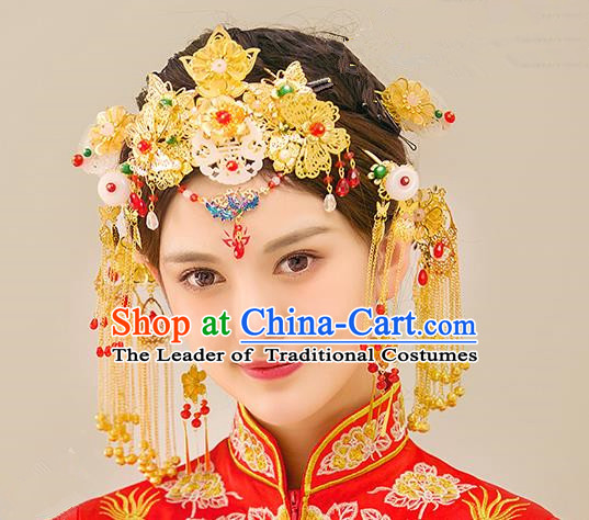 Traditional Handmade Chinese Ancient Wedding Hair Accessories Xiuhe Suit Golden Tassel Phoenix Coronet Complete Set, Bride Hanfu Hair Sticks Hair Jewellery for Women