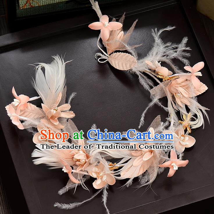 Top Grade Handmade Chinese Classical Hair Accessories Baroque Style Wedding Pink Feather Hair Clasp Headband Bride Headwear for Women