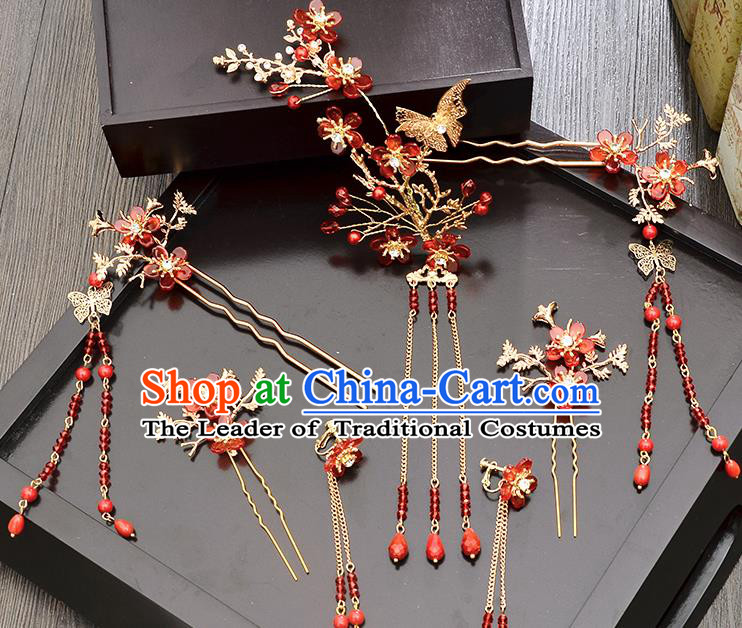 Traditional Handmade Chinese Ancient Wedding Hair Accessories Xiuhe Suit Butterfly Flower Phoenix Coronet Complete Set, Bride Tassel Step Shake Hanfu Hairpins Hair Sticks Hair Jewellery for Women