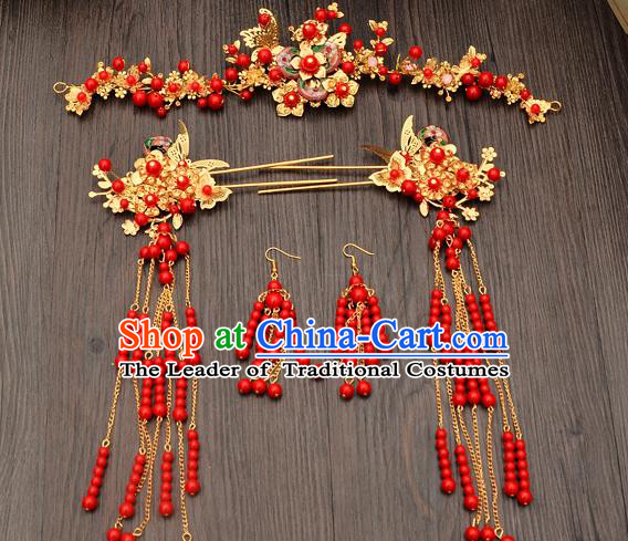 Traditional Handmade Chinese Ancient Wedding Hair Accessories Xiuhe Suit Red Beads Phoenix Coronet Complete Set, Bride Tassel Step Shake Hanfu Hairpins Hair Sticks Hair Jewellery for Women