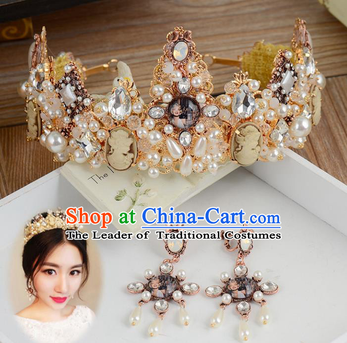 Top Grade Handmade Hair Accessories Baroque Style Palace Princess Wedding Crystal Vintage Royal Crown and Earrings, Bride Hair Kether Jewellery Imperial Crown for Women