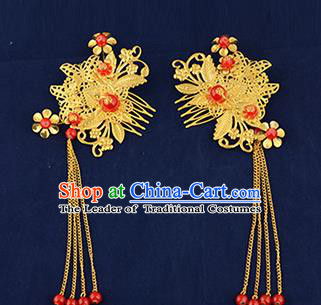 Traditional Handmade Chinese Ancient Wedding Hair Accessories Xiuhe Suit Tassel Hairpins Golden Hair Comb, Bride Step Shake Hanfu Hair Fascinators for Women