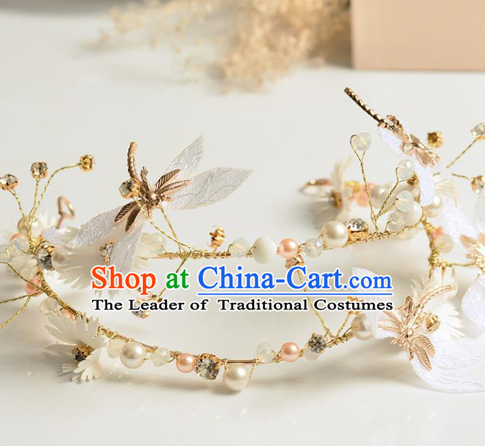 Top Grade Handmade Chinese Classical Hair Accessories Princess Wedding Dragonfly Pearls Hair Clasp Headband Bride Headwear for Women