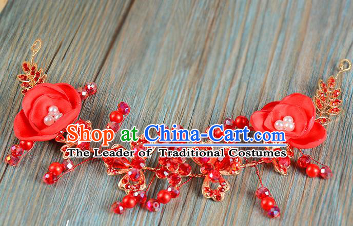 Top Grade Handmade Chinese Classical Hair Accessories Princess Wedding Red Flowers Hair Clasp Headband Bride Headwear for Women