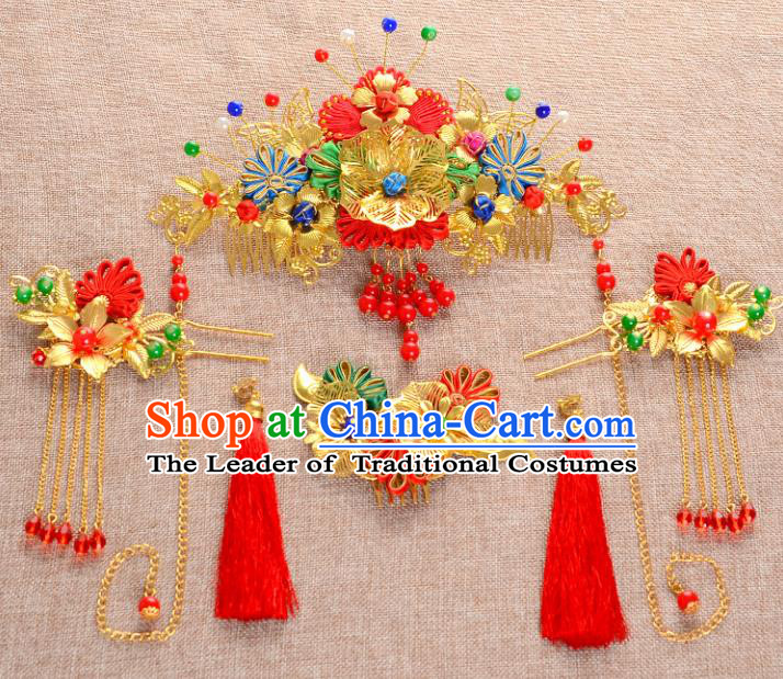 Traditional Handmade Chinese Ancient Wedding Hair Accessories Xiuhe Suit Chinese Knots Forehead Ornament Complete Set, Bride Tassel Step Shake Hanfu Hair Fascinators for Women