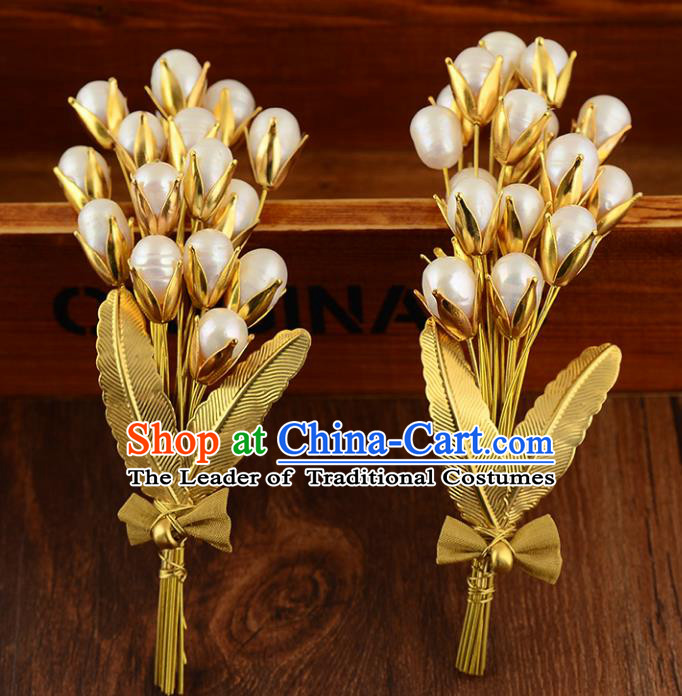 Top Grade Handmade Chinese Classical Hair Accessories Princess Wedding Pearls Golden Hair Claw Hair Stick Bride Headwear for Women