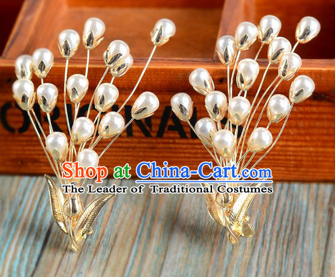 Top Grade Handmade Chinese Classical Hair Accessories Princess Wedding Pearls Golden Hair Claw Hair Stick Bride Headwear for Women