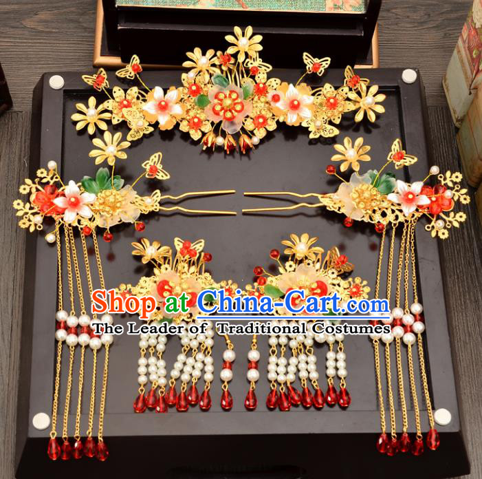 Traditional Handmade Chinese Ancient Wedding Hair Accessories Xiuhe Suit Phoenix Coronet Complete Set, Bride Beads Tassel Step Shake Hanfu Hair Fascinators for Women