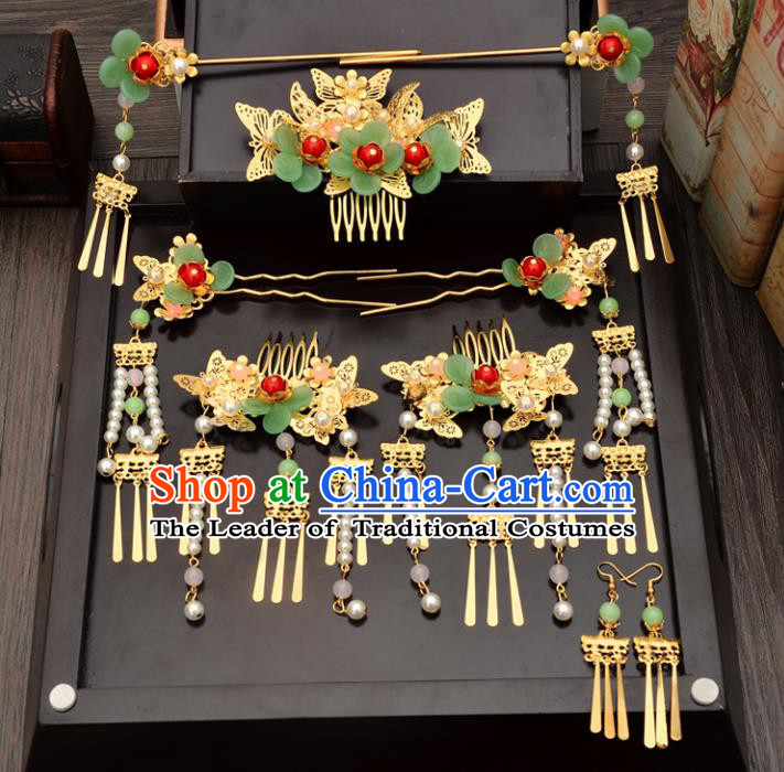 Traditional Handmade Chinese Ancient Wedding Hair Accessories Xiuhe Suit Green Flower Hairpins Complete Set, Bride Beads Tassel Step Shake Hanfu Hair Sticks Hair Comb for Women