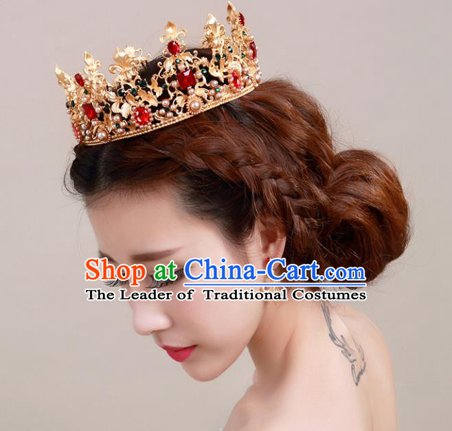 Top Grade Handmade Hair Accessories Baroque Style Palace Princess Wedding Red Crystal Golden Royal Crown, Bride Hair Kether Jewellery Imperial Crown for Women