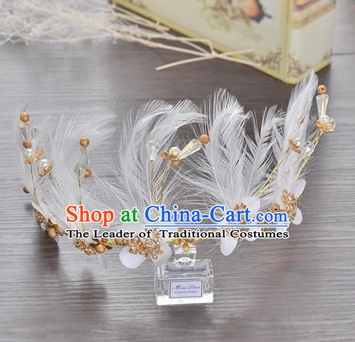 Top Grade Handmade Chinese Classical Hair Accessories Princess Wedding Baroque White Feather Hair Clasp Bride Headband Royal Crown for Women