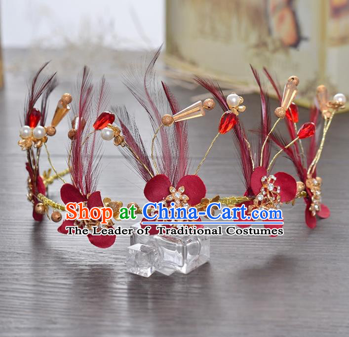 Top Grade Handmade Chinese Classical Hair Accessories Princess Wedding Baroque Red Feather Hair Clasp Bride Headband Royal Crown for Women