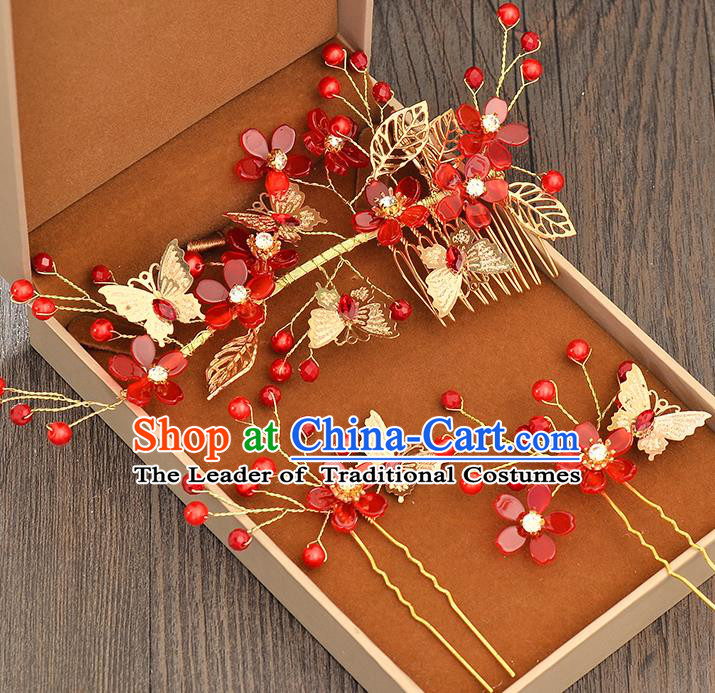 Top Grade Handmade Chinese Classical Hair Accessories Princess Wedding Baroque Red Flowers Hair Clasp Hairpins Headband Bride Headwear for Women