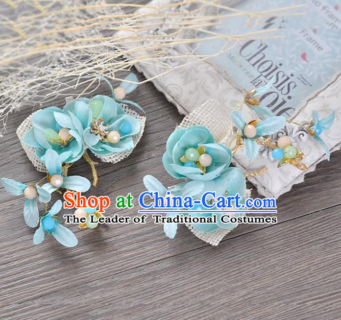 Top Grade Handmade Chinese Classical Hair Accessories Princess Wedding Baroque Blue Flower Hair Claw Headband Bride Headwear for Women