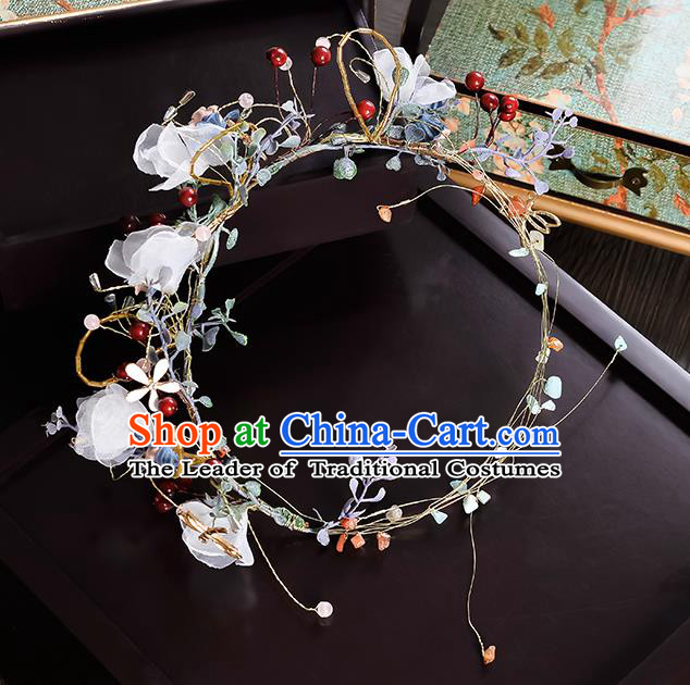 Top Grade Handmade Chinese Classical Hair Accessories Princess Wedding Baroque White Silk Flower Garland Hair Clasp Bride Headband Headwear for Women