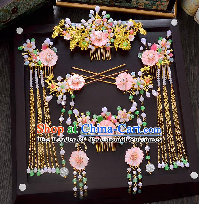 Traditional Handmade Chinese Ancient Wedding Xiuhe Suit Hair Accessories Pink Shell Flowers Hair Comb Complete Set, Bride Palace Lady Step Shake Hanfu Hairpins for Women