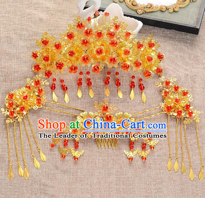 Traditional Handmade Chinese Ancient Wedding Xiuhe Suit Hair Accessories Cheongsam Tassel Phoenix Coronet Complete Set, Bride Palace Lady Step Shake Hanfu Hairpins for Women