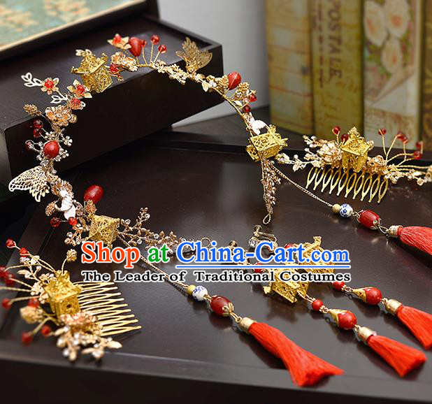 Traditional Handmade Chinese Ancient Wedding Butterfly Hair Accessories Complete Set Xiuhe Suit Tassel Hair Clasp, Bride Palace Lady Step Shake Hanfu Hairpins for Women