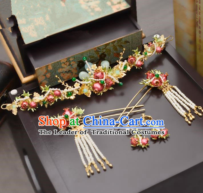 Traditional Handmade Chinese Ancient Costume Wedding Xiuhe Suit Bride Pomegranate Phoenix Coronet Hair Accessories Complete Set, Palace Lady Tassel Step Shake Hanfu Hairpins for Women