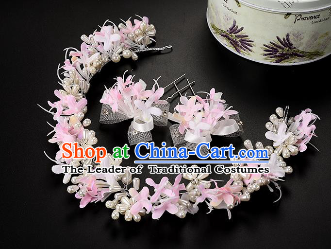 Top Grade Handmade Chinese Classical Hair Accessories Princess Wedding Baroque Headwear Pink Lace Flowers Pearls Hairpins Hair Clasp Bride Headband for Women