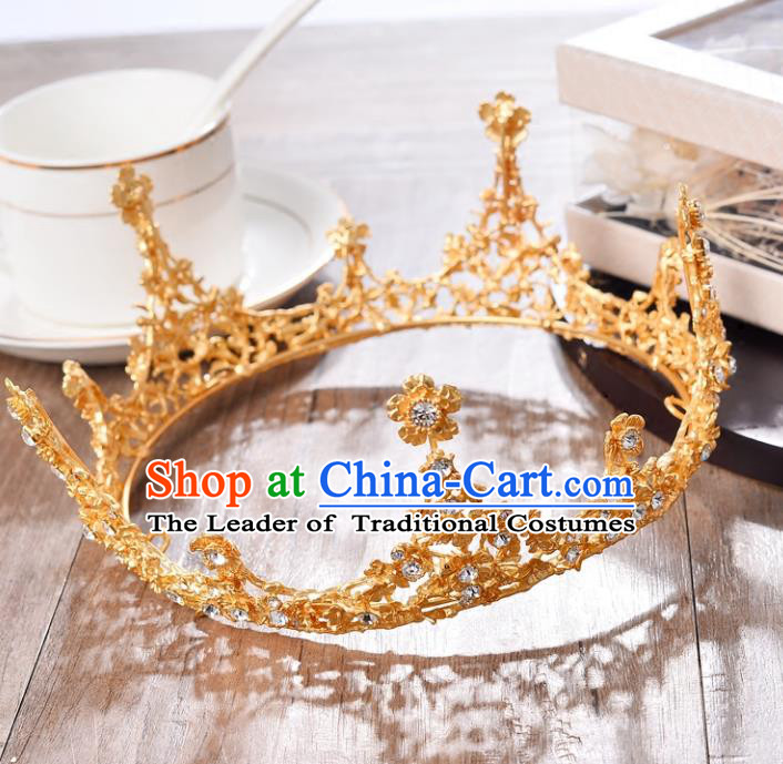 Top Grade Handmade Hair Accessories Baroque Queen Crystal Golden Round Royal Crown, Bride Wedding Hair Jewellery Princess Imperial Crown for Women