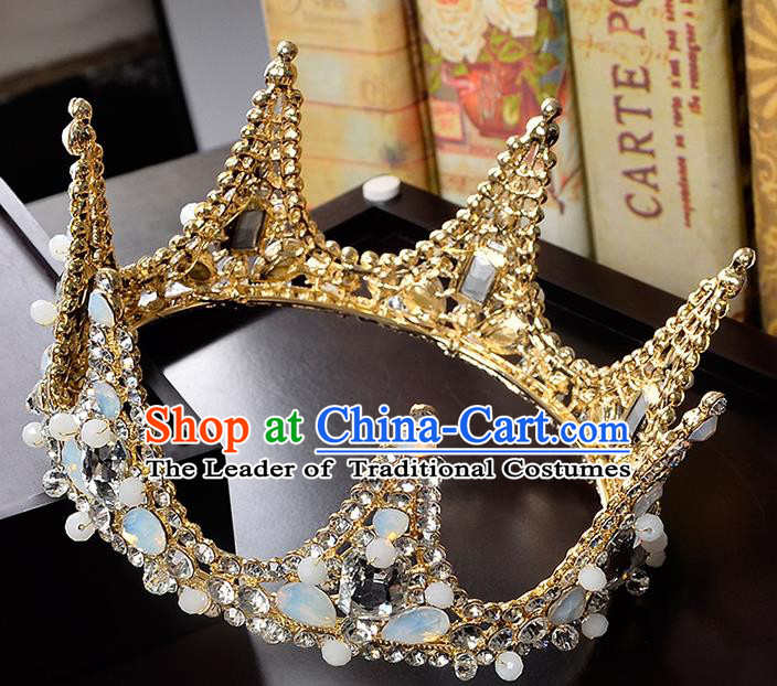 Top Grade Handmade Hair Accessories Baroque Crystal Round Imperial Crown, Bride Wedding Hair Jewellery Queen Crystal Golden Crown for Women