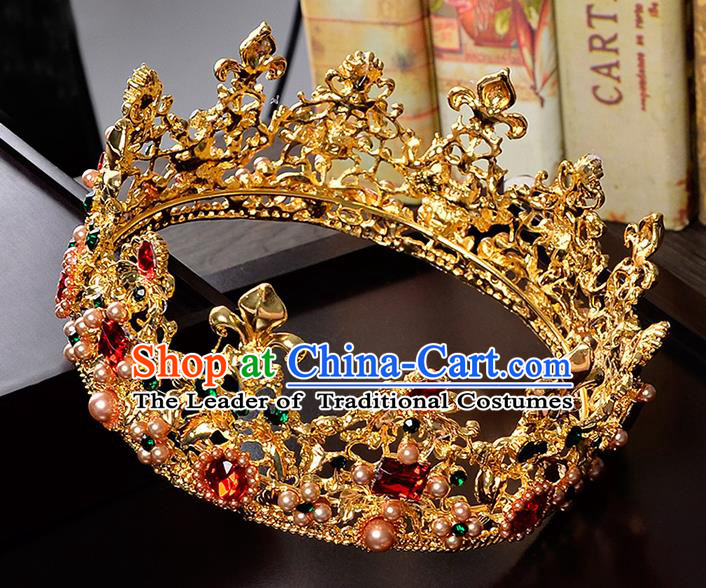 Top Grade Handmade Hair Accessories Baroque Crystal Opal Vintage Round Golden Imperial Crown, Bride Wedding Hair Jewellery Queen Crown for Women