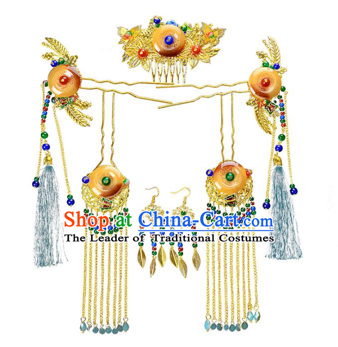 Traditional Handmade Chinese Wedding Xiuhe Suit Bride Hair Accessories Jade Phoenix Coronet Complete Set, Tassel Step Shake Hanfu Hairpins for Women