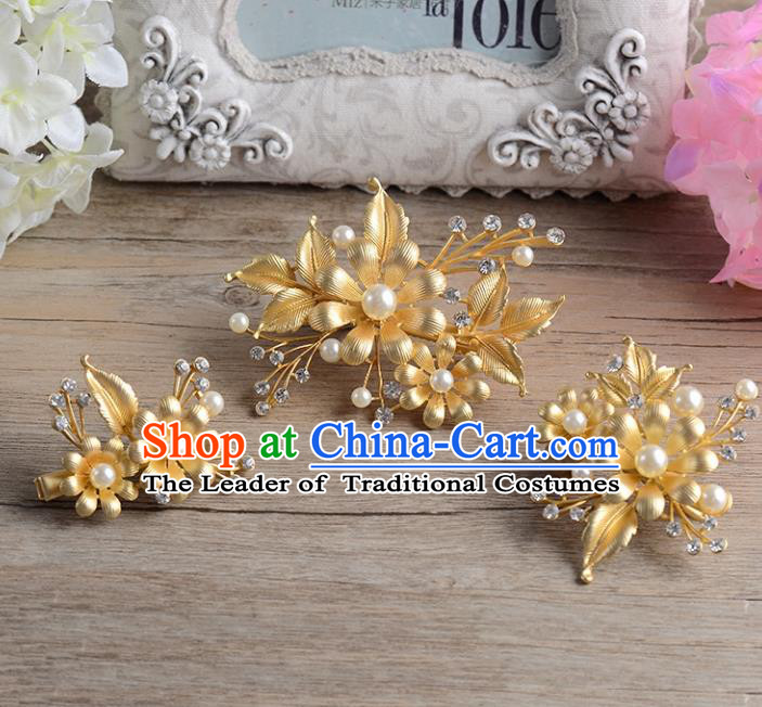 Top Grade Handmade Chinese Classical Hair Accessories Princess Wedding Baroque Golden Headwear Pearls Hair Stick Bride Hair Claw for Women