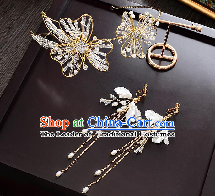 Top Grade Handmade Chinese Classical Jewelry Accessories Wedding Crystal Pearls Hair Clasp and Earrings Bride Hanfu Headgear for Women