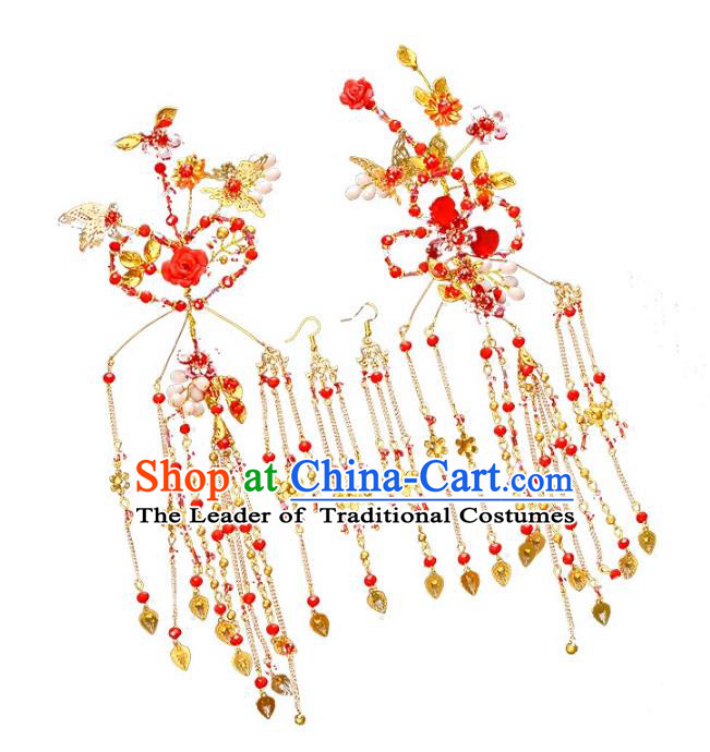 Traditional Handmade Chinese Wedding Xiuhe Suit Bride Hair Accessories Red Hairpins, Tassel Step Shake Hanfu Hairpins for Women