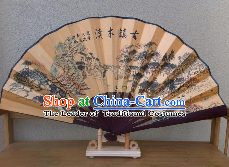 Traditional Chinese Crafts Silk Folding Fan China Sensu Printing Ancient Towns Wood Bridge Accordion Fan for Men