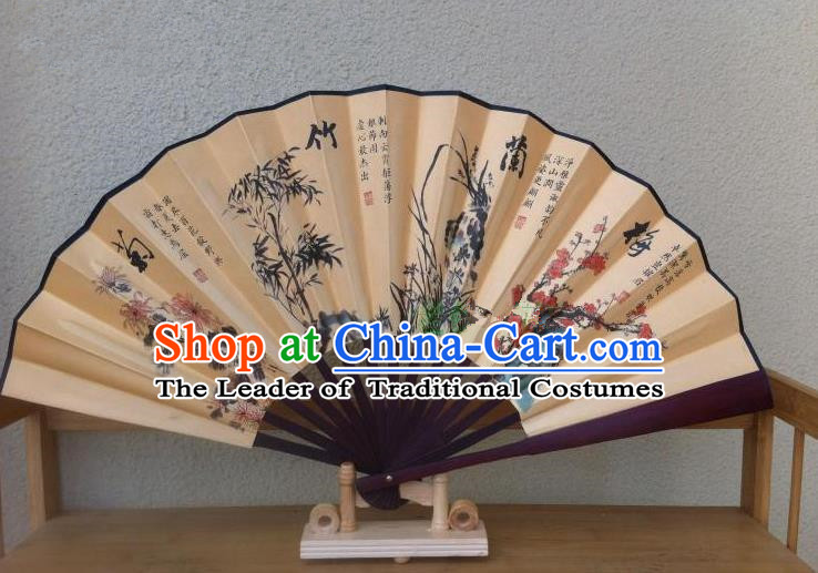 Traditional Chinese Crafts Silk Folding Fan China Sensu Printing  Plum Blossom Orchid Bamboo and Chrysanthemum Accordion Paper Fan for Men