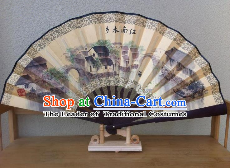 Traditional Chinese Crafts Silk Folding Fan China Sensu Ink Painting Jiangnan Countryside Accordion Fan for Men