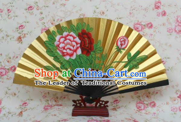 Traditional Chinese Crafts Peking Opera Folding Fan China Sensu Printing Peony Flowers Dance Blue Accordion Fan for Women