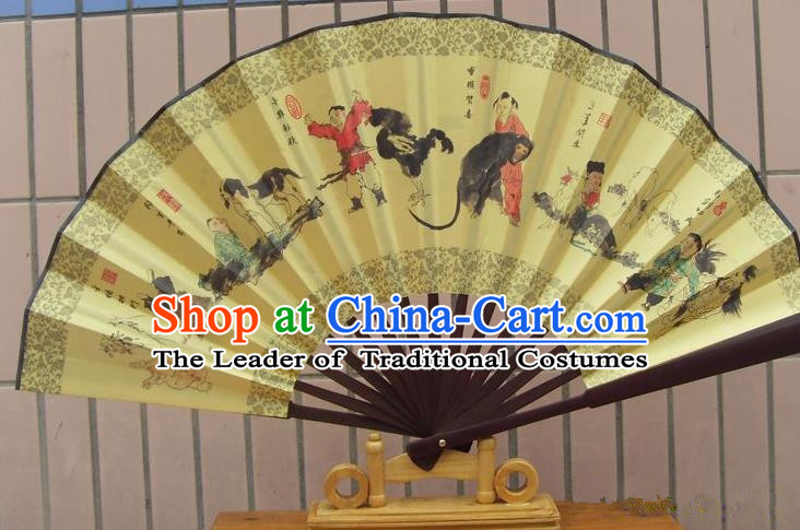 Traditional Chinese Crafts Peking Opera Folding Fan China Sensu Printing Chinese Zodiac Accordion Silk Fan for Men