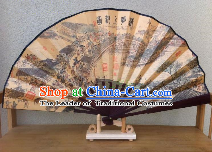 Traditional Chinese Crafts Silk Folding Fan China Sensu Ink Painting Riverside Scene at Qingming Festival Accordion Fan for Men