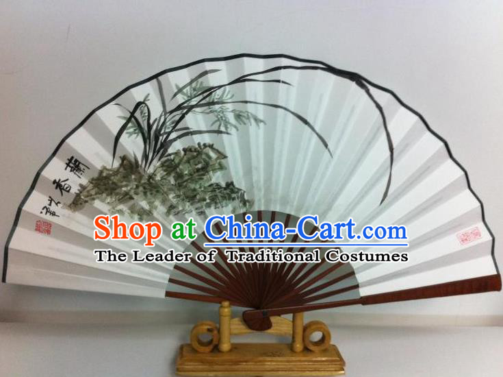 Traditional Chinese Crafts Peking Opera Folding Fan China Sensu Printing Orchid White Paper Fan for Women